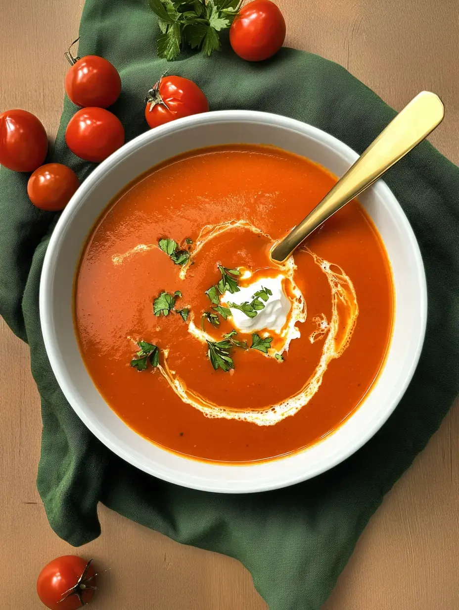 A bowl of tomato soup with a dollop of cream, fresh cilantro, surrounded by red tomatoes and a green cloth.