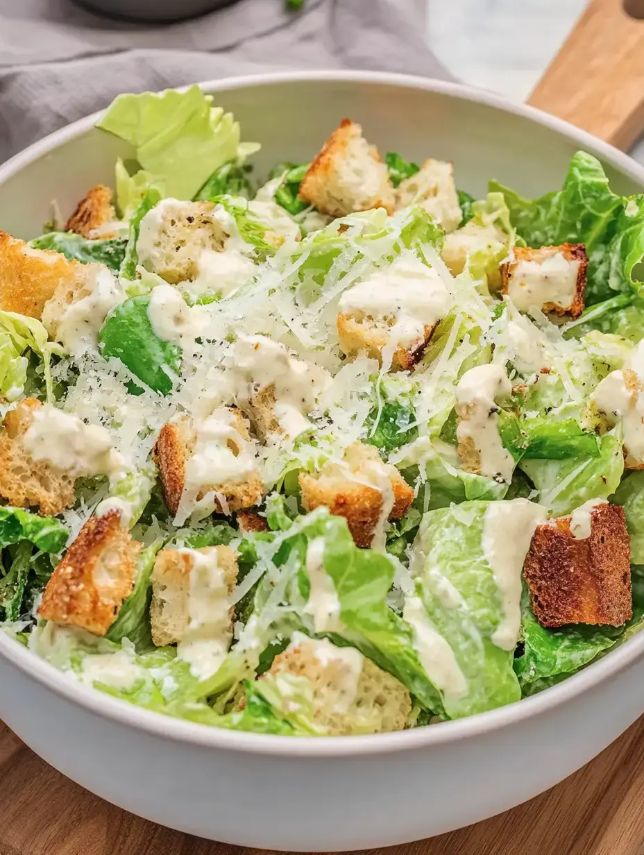 A bowl of Caesar salad with green leafy greens, croutons and a creamy dressing.