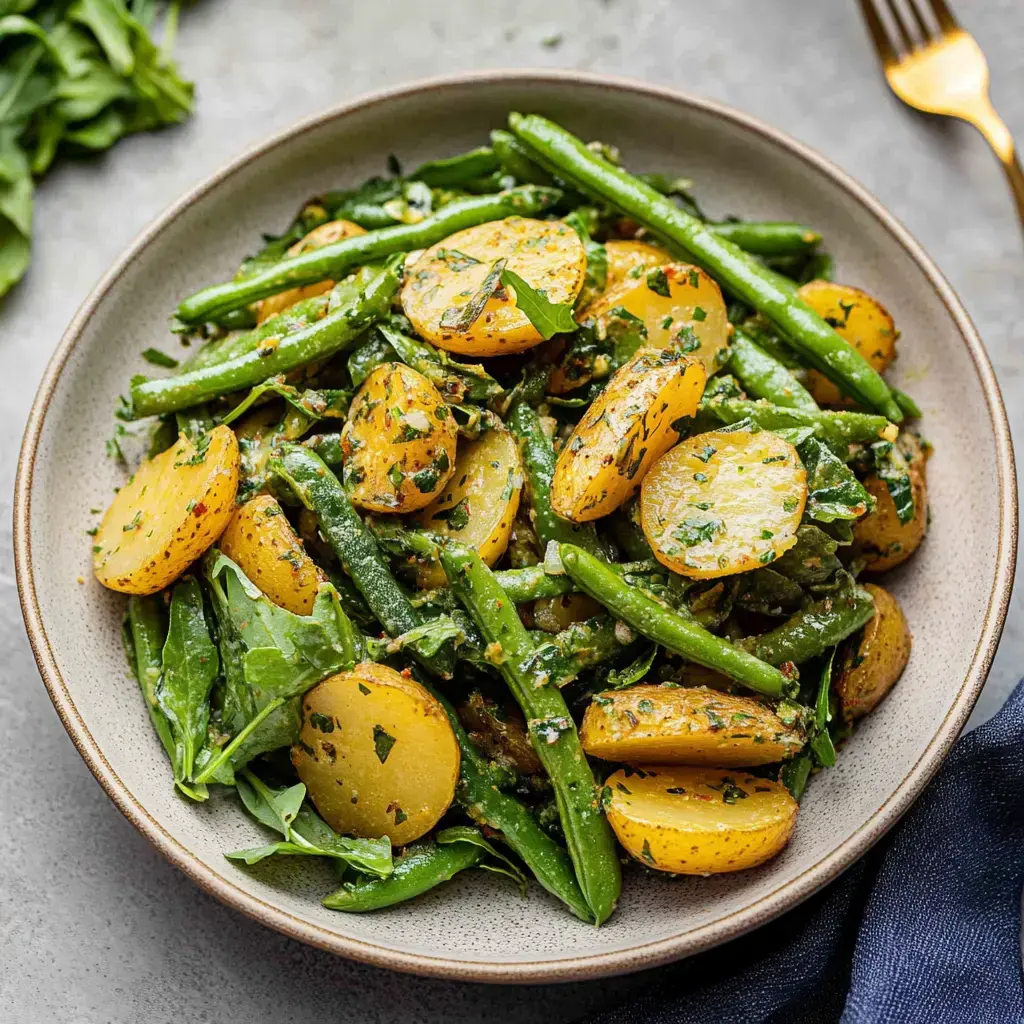 A vibrant bowl jam-packed with green beans, potatoes, and fresh herbs.