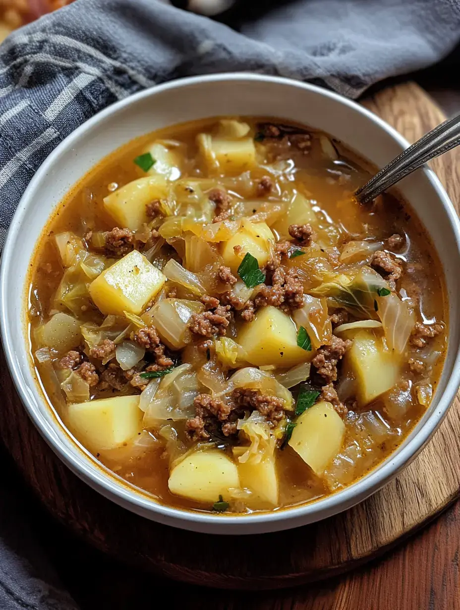 A bowl of potato soup served with ground beef and cabbage on a wooden board.