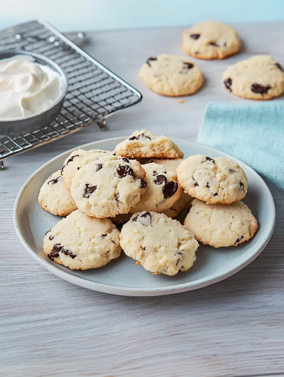 A plate loaded with warm chocolate chip cookies on a table, surrounded by whipped cream and even more cookies.