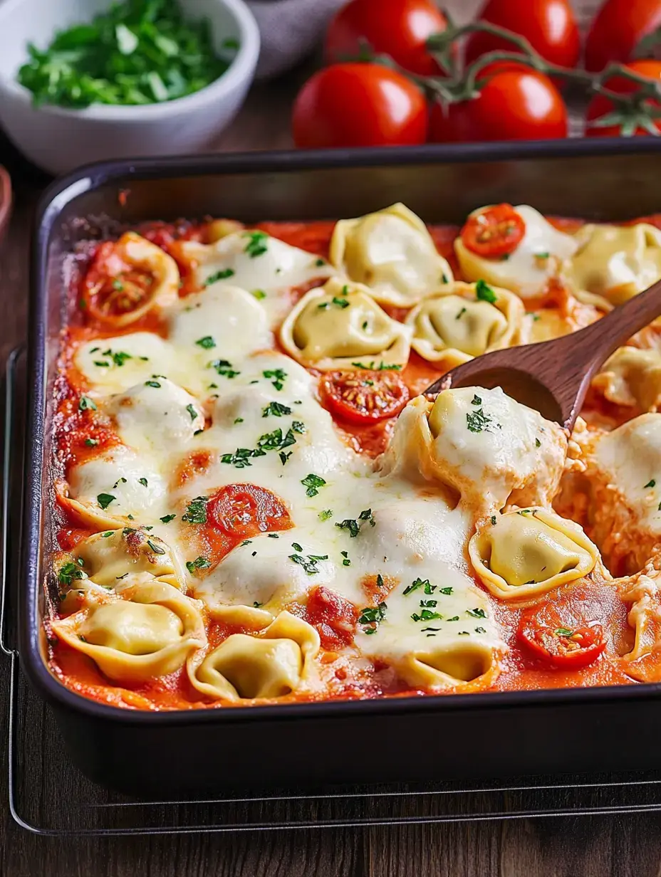A baked dish of stuffed pasta, covered with melted cheese and tomato sauce, sprinkled with fresh parsley.