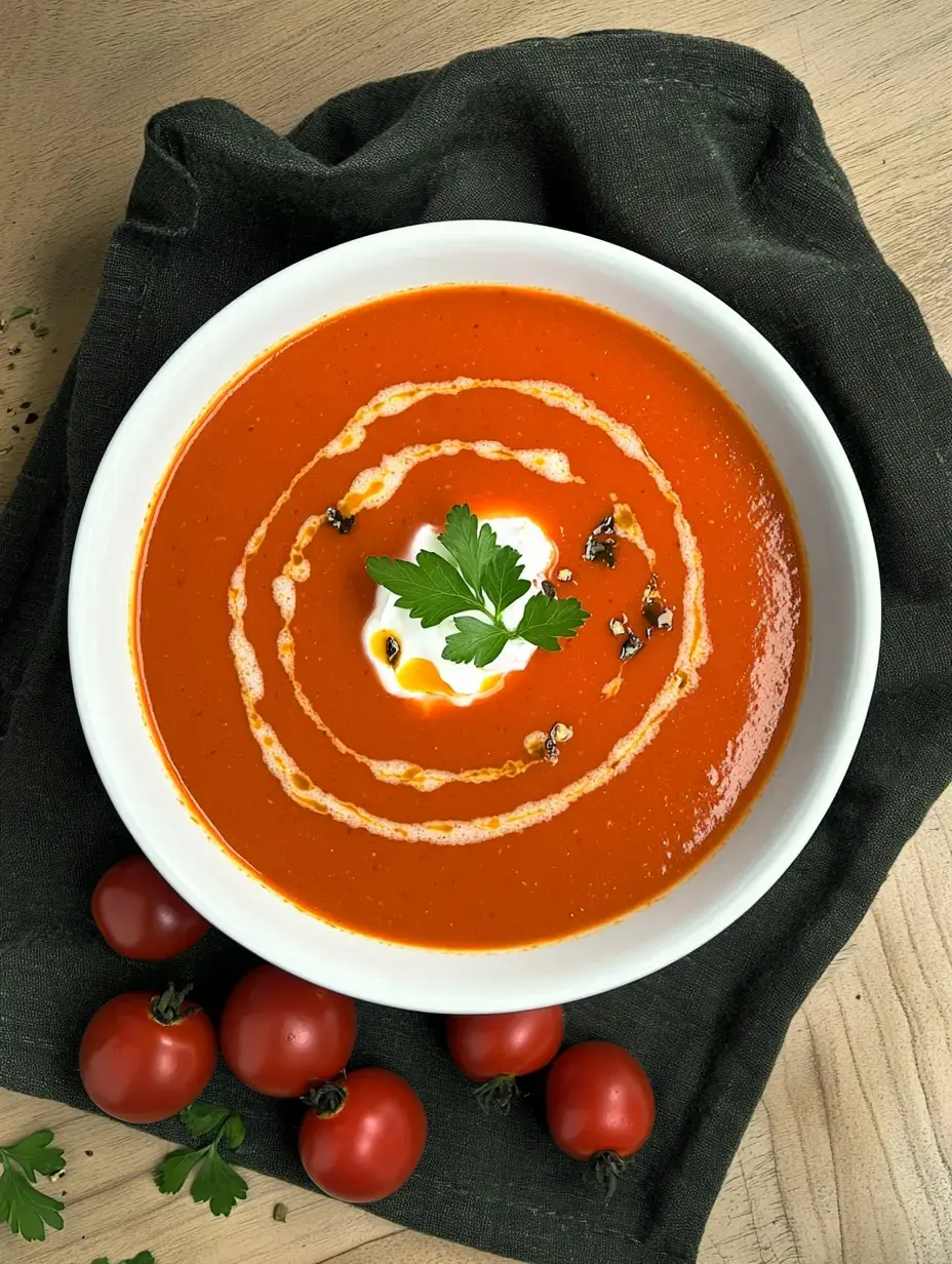 A bowl of tomato soup topped with cream, a splash of oil, and fresh parsley, surrounded by cherry tomatoes.