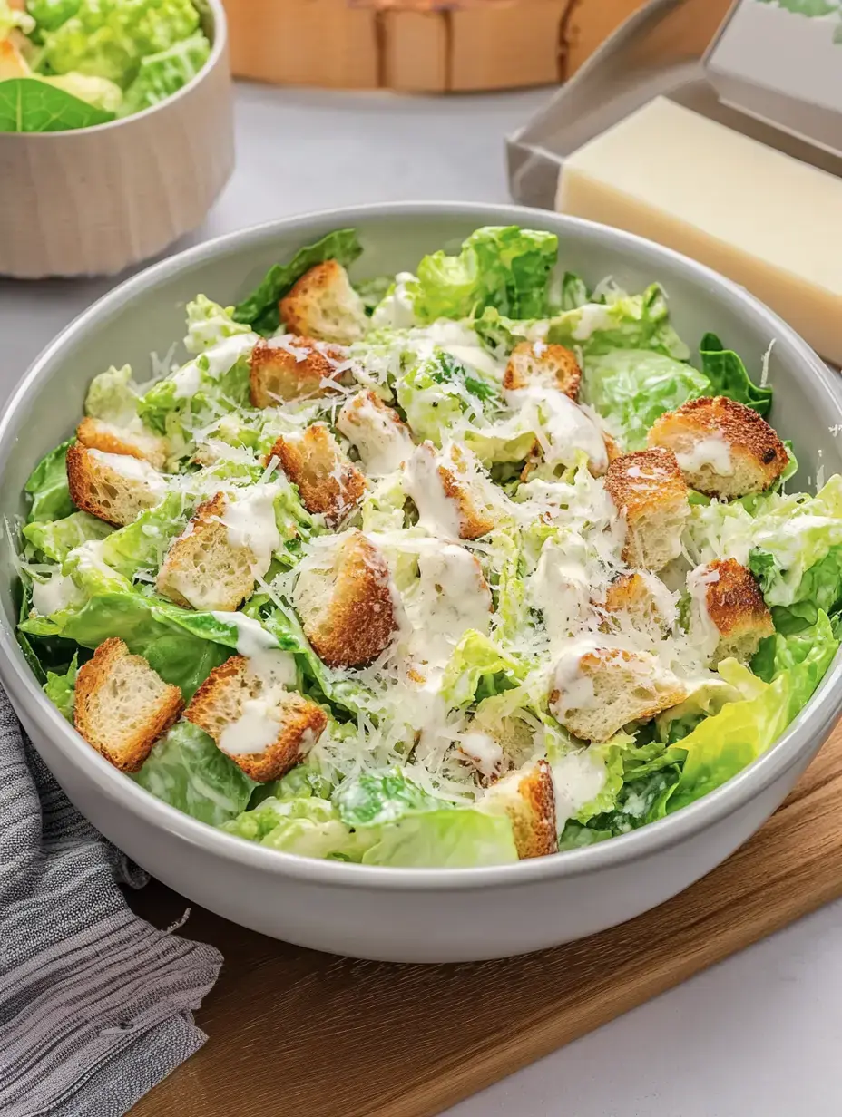 A large bowl of Caesar salad containing romaine lettuce, croutons and a layer of creamy dressing.