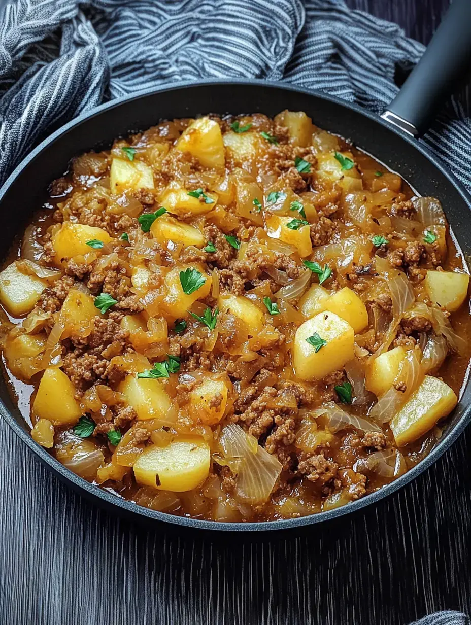 A pot full of ground meat, potatoes, and onions topped with fresh parsley.