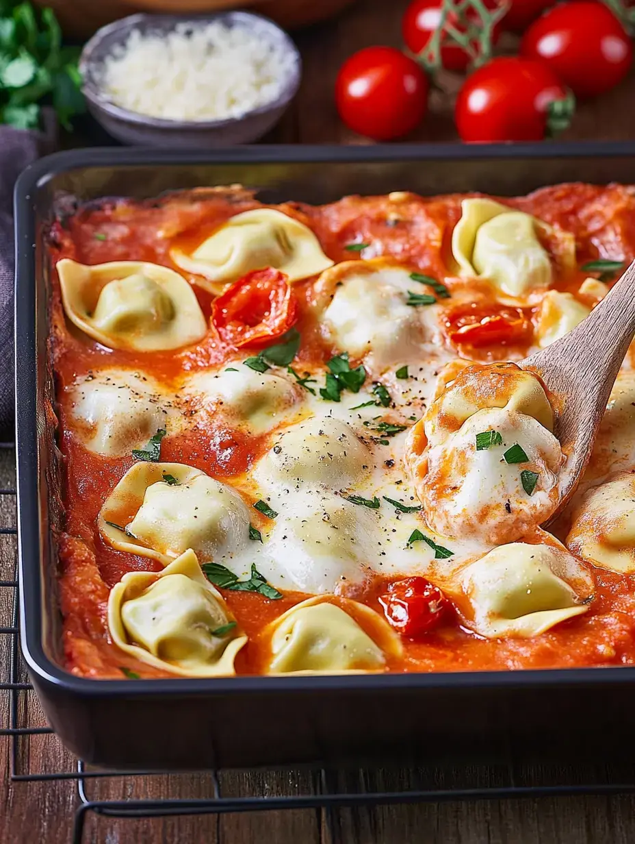 A baked dish of tortellini in tomato sauce, topped with cheese and fresh cherry tomatoes.