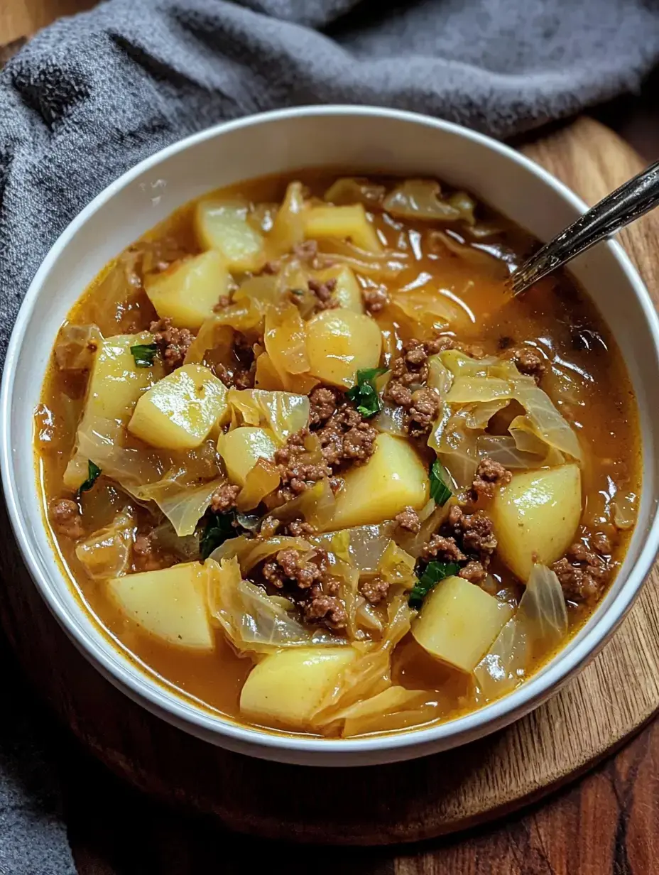 A plate of hearty stew with potatoes, ground meat, and cabbage in a tasty broth.