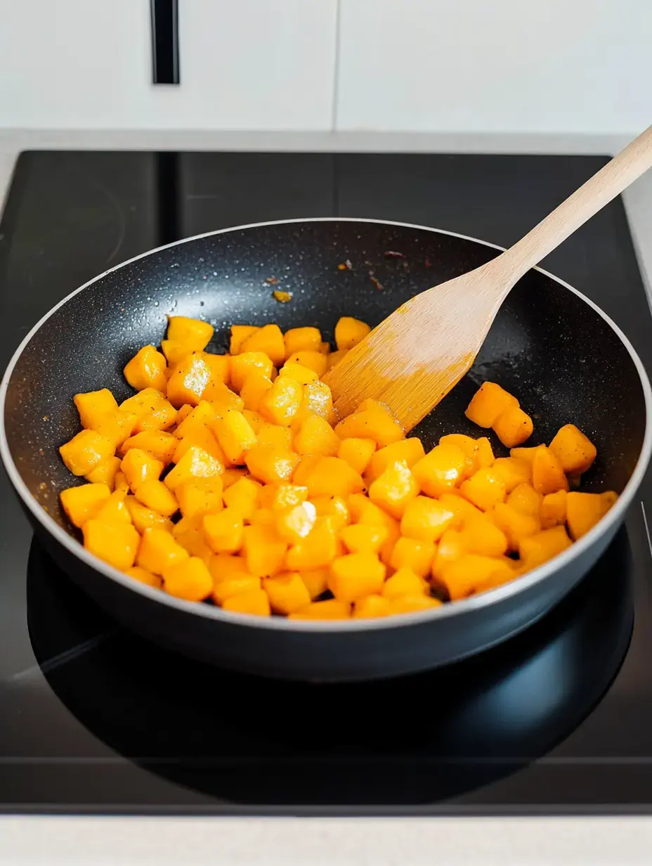 Orange cubes of pumpkin being fried in a skillet with a wooden spoon.