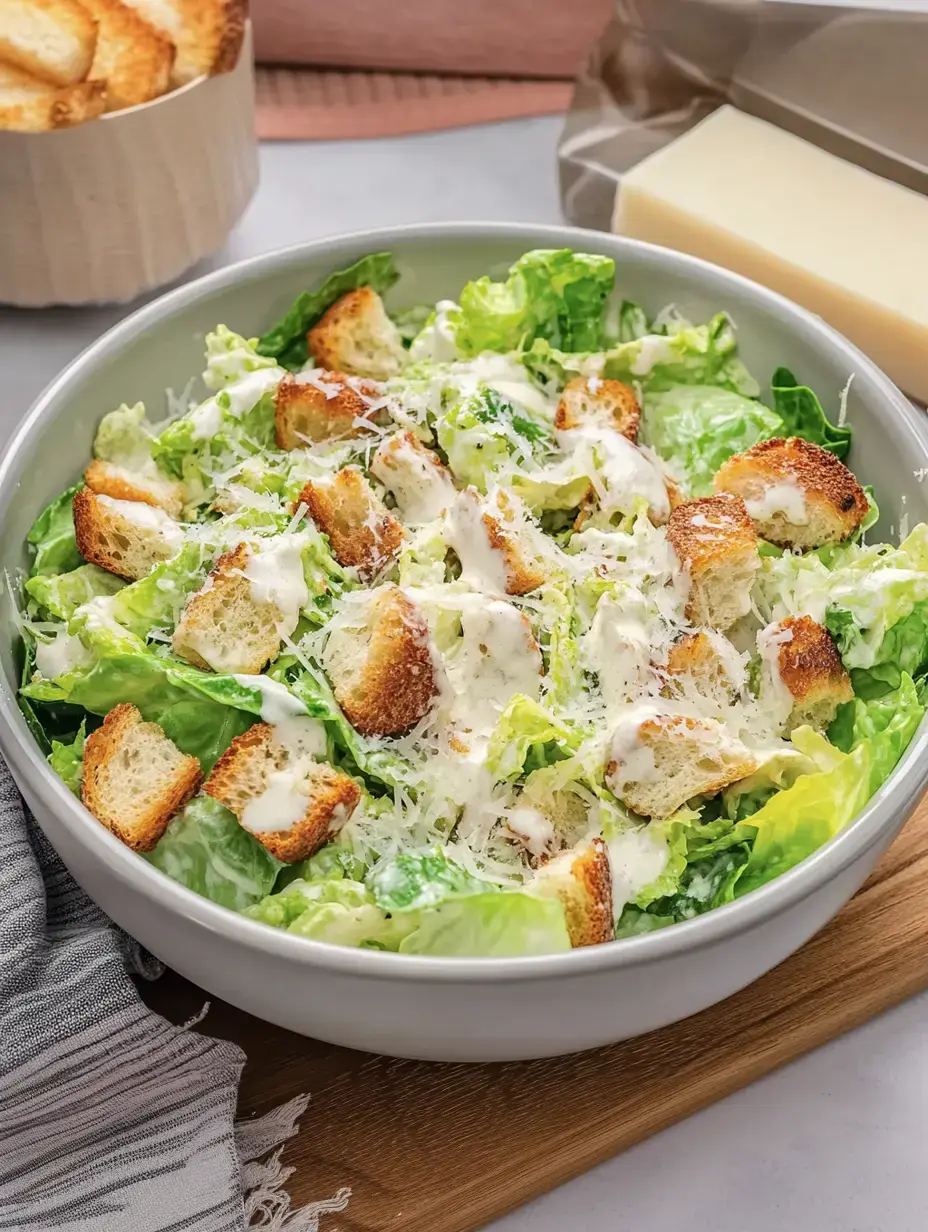 A bowl of Caesar salad made with romaine lettuce, croutons and a creamy sauce, garnished with grated cheese.
