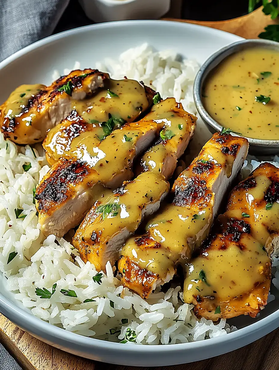 Grilled chicken breast with creamy sauce on a bed of basmati rice.