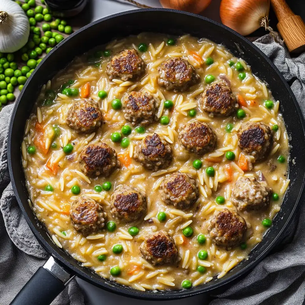 A skillet meal with meatballs, rice, green peas, and carrots in a creamy sauce.