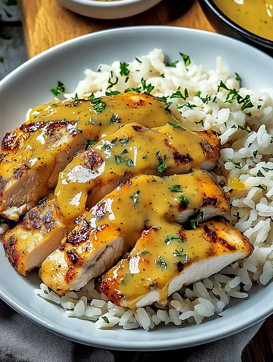 A plate with sautéed chicken breast on rice, topped with creamy sauce and fresh parsley.