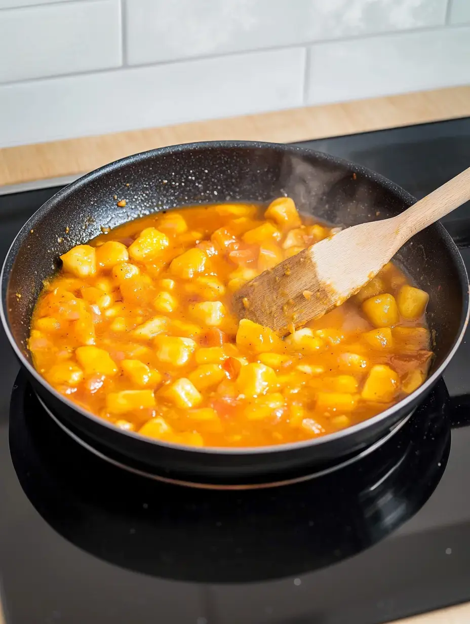 Gnocchi simmering in a zesty tomato sauce while stirred with a wooden spoon in a pan.