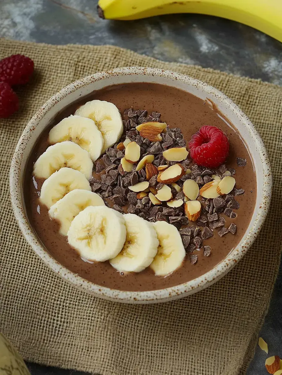 Eine Schüssel mit Schokoladensmoothie, dekoriert mit Bananenscheiben, Mandeln, Schokoladenstückchen und einer Himbeere, neben einer Banane.