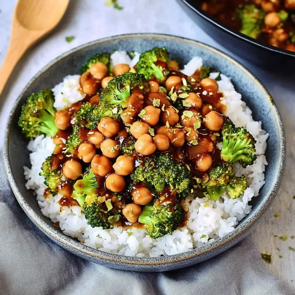 A bowl of rice topped with broccoli and chickpeas in a tasty sauce.