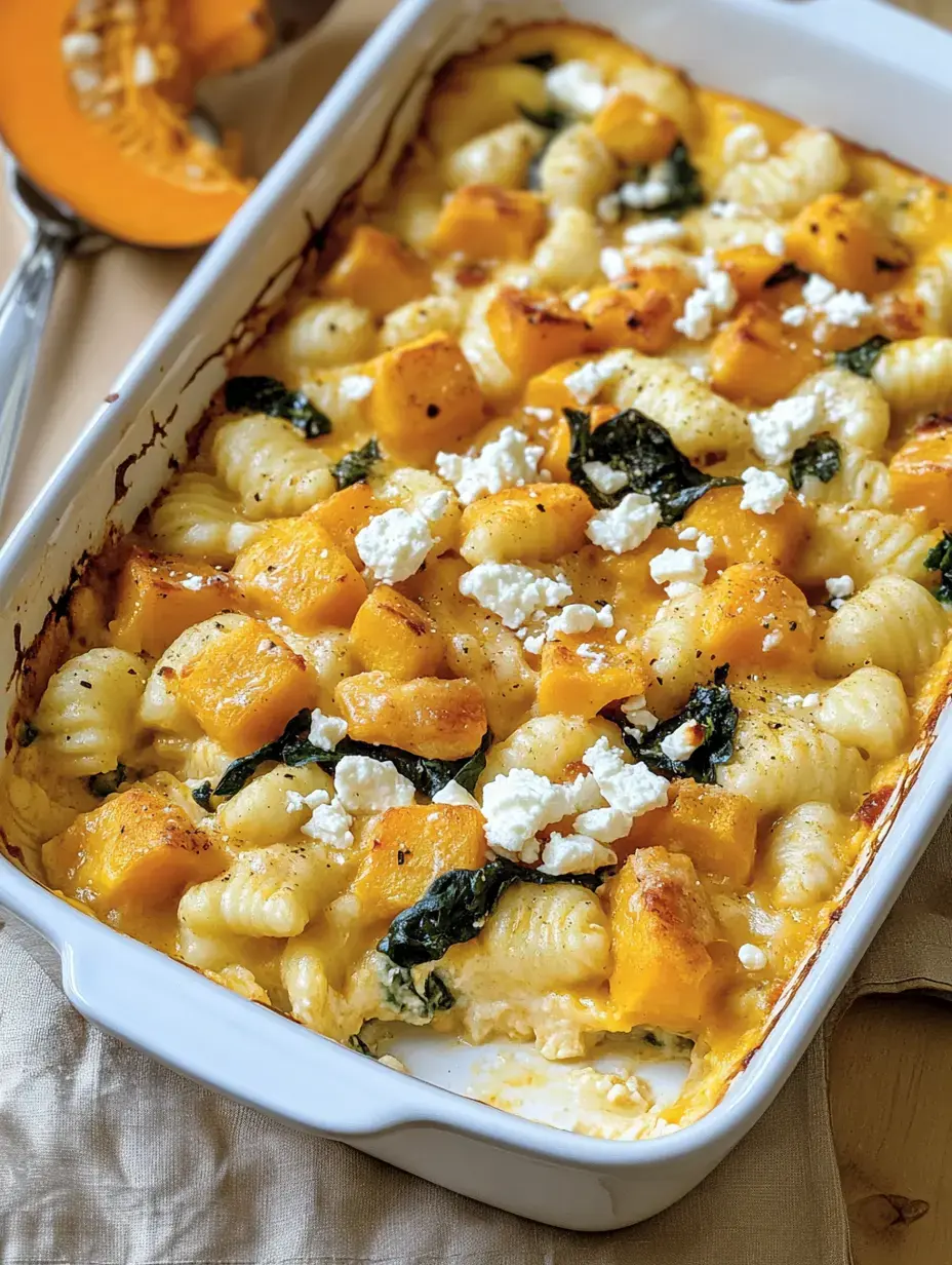 A baked casserole with gnocchi, pumpkin, spinach, and feta in a white dish.