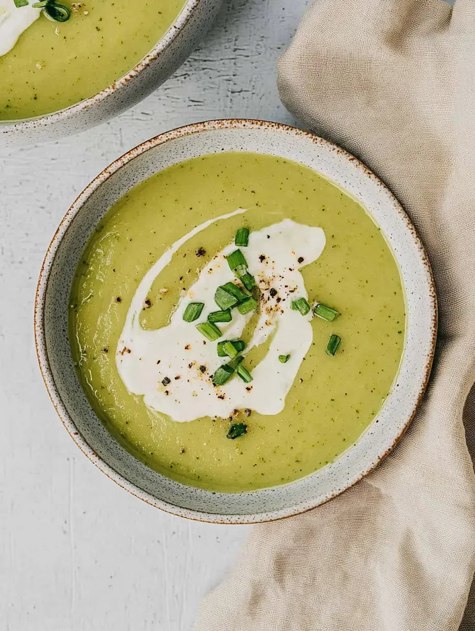A bowl of green soup with a dollop of sour cream and fresh chives, served on a light background.