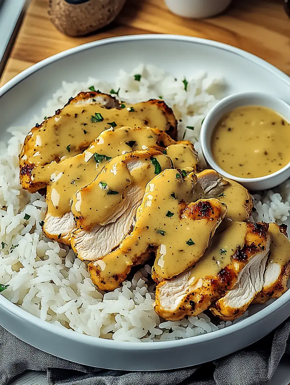 Plate of rice topped with sliced chicken breast and creamy sauce, scattered with parsley.