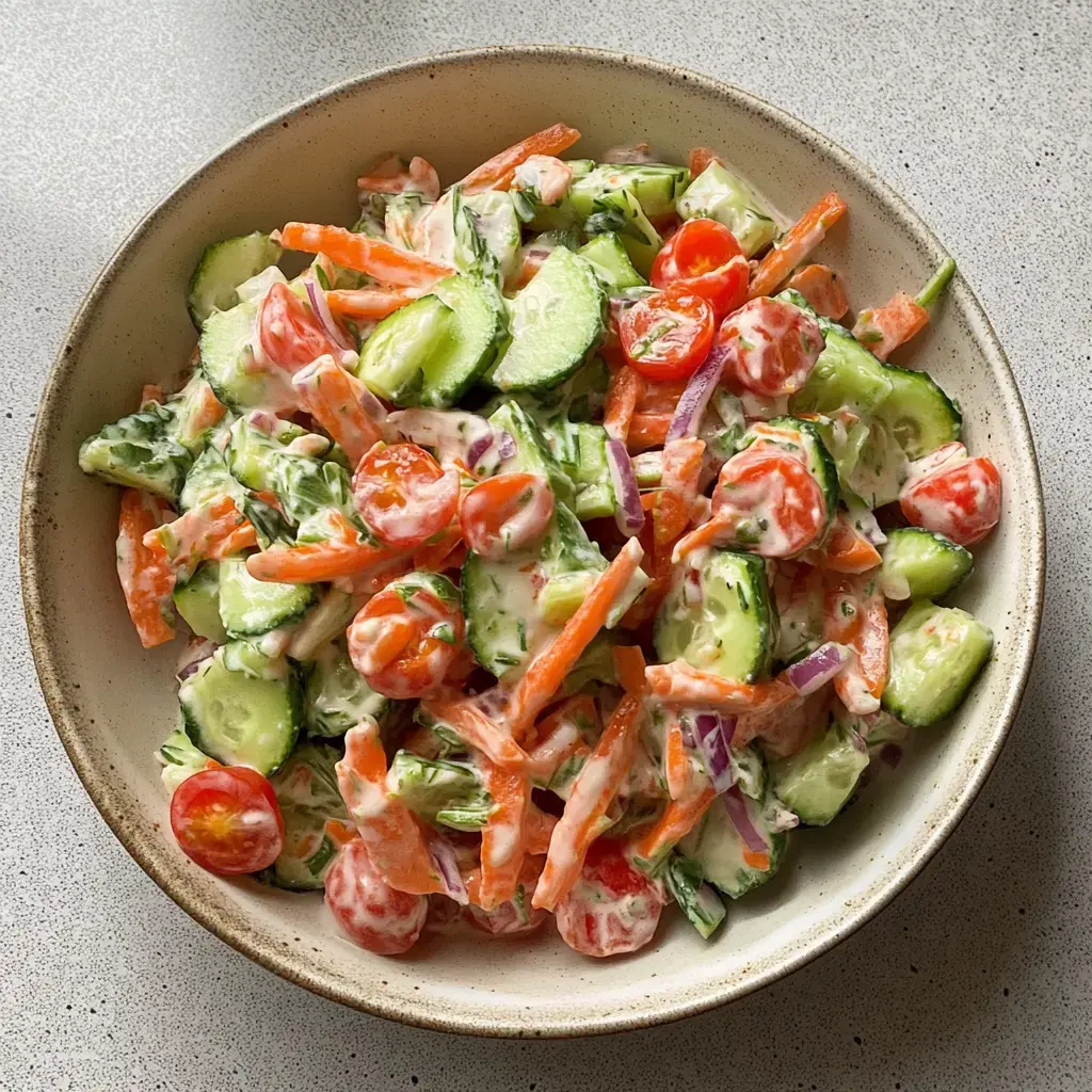 A bowl full of colorful salad with cucumber chunks, shredded carrots, cherry tomatoes, and onion rings all mixed with a creamy sauce.