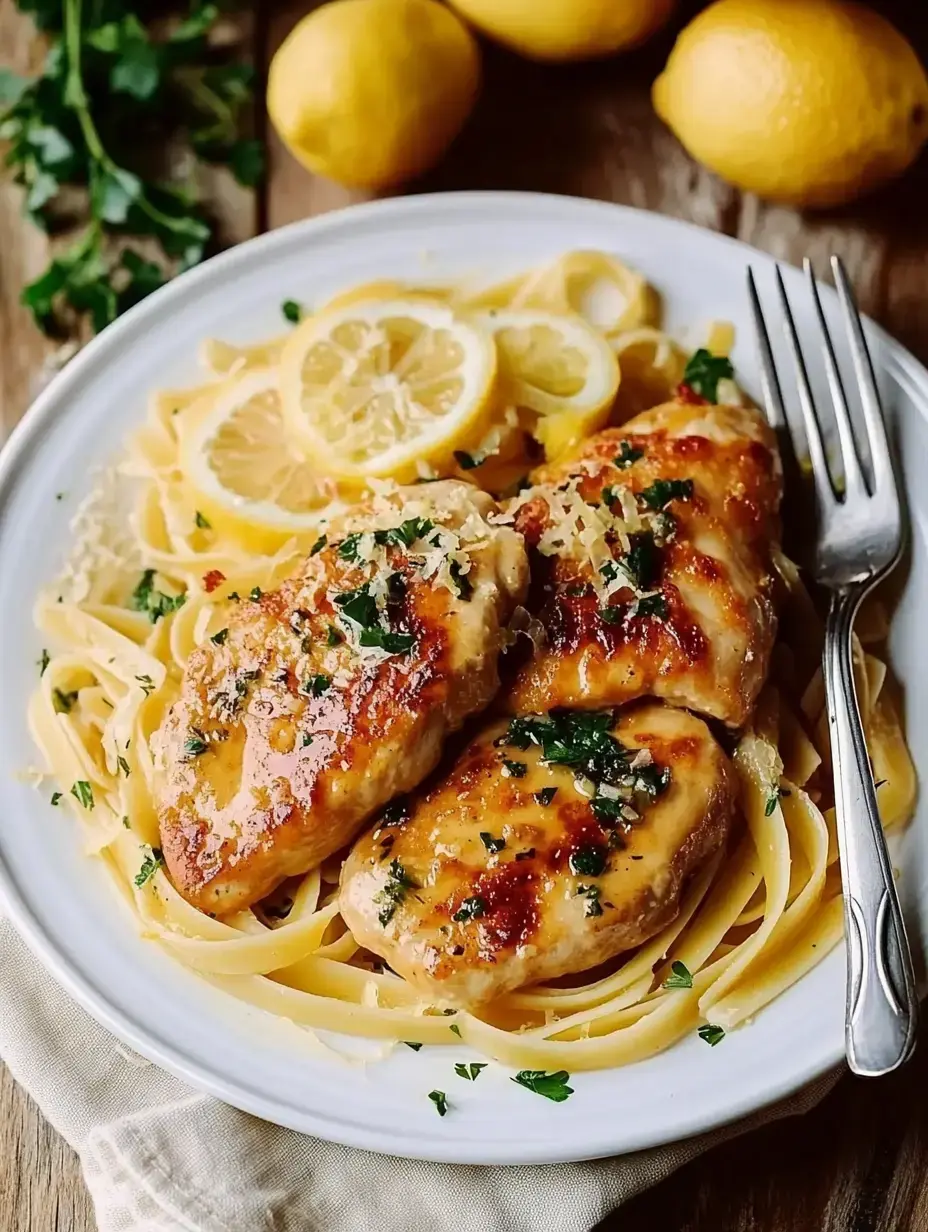 A plate of pasta with juicy chicken breast slices in lemony sauce, topped with fresh parsley and some lemon wedges.