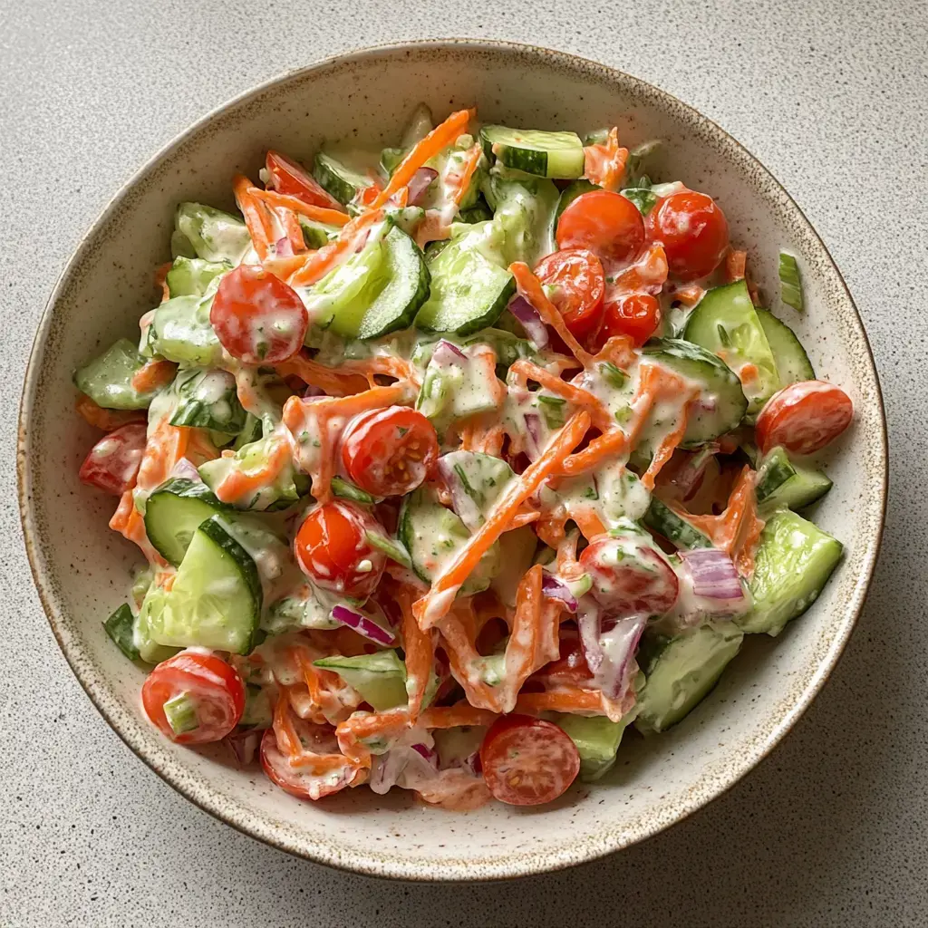 A plate of fresh salad with cucumbers, cherry tomatoes, grated carrots, and onion, brought together with a creamy dressing.