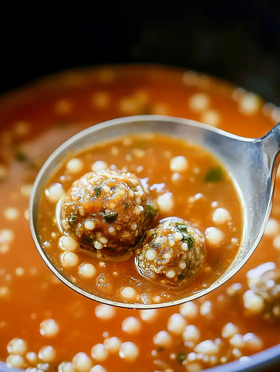 A ladle holding two meatballs in broth with pearl couscous and herbs.