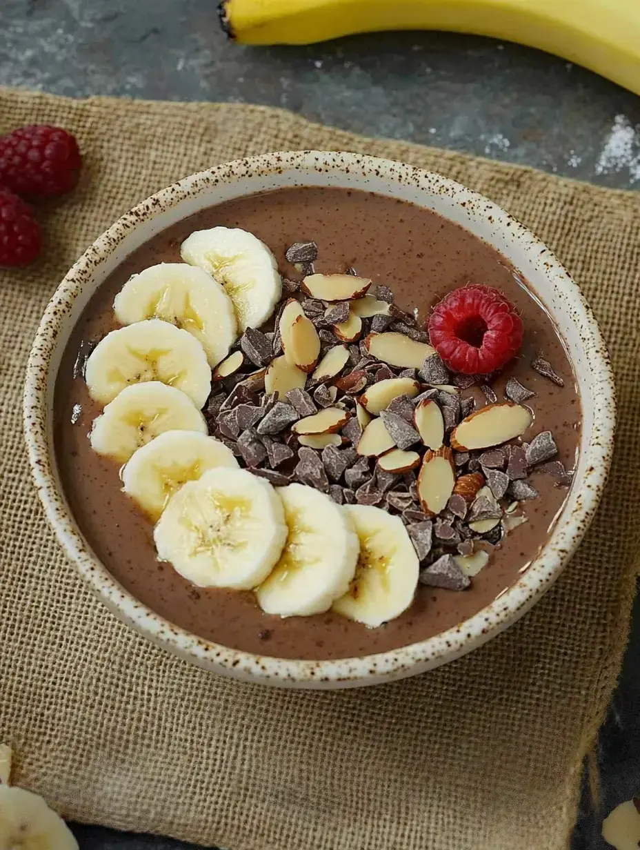 Eine Schüssel mit Schokoladen-Smoothie, dekoriert mit Bananenscheiben, Himbeeren, Mandeln und Schokoladenstückchen, liegt auf einem Jutesack.