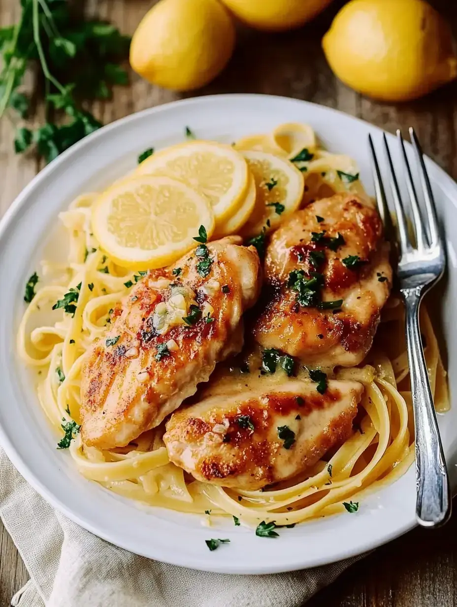A plate with pan-seared chicken breast on top of spaghetti, decorated with lemon slices and fresh herbs.