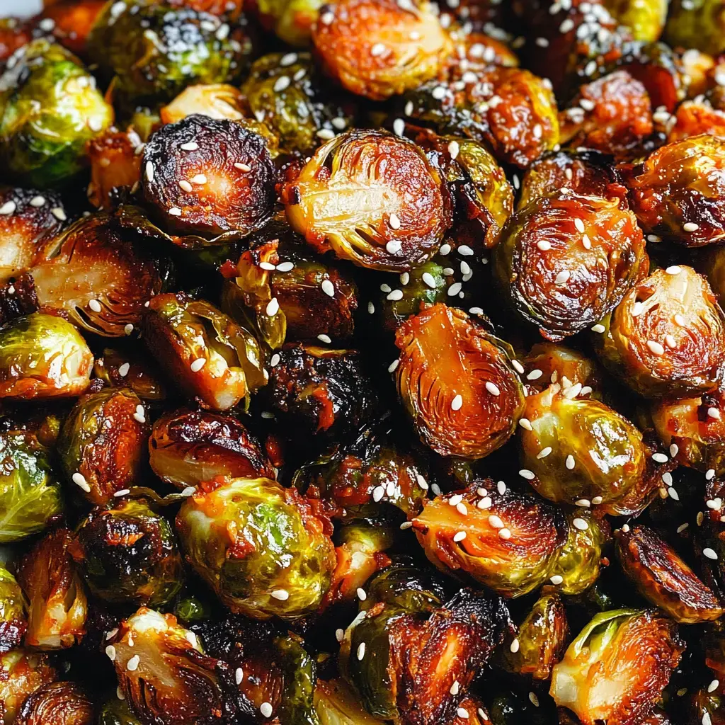 Crispy golden-brown roasted Brussels sprouts topped with sesame seeds.