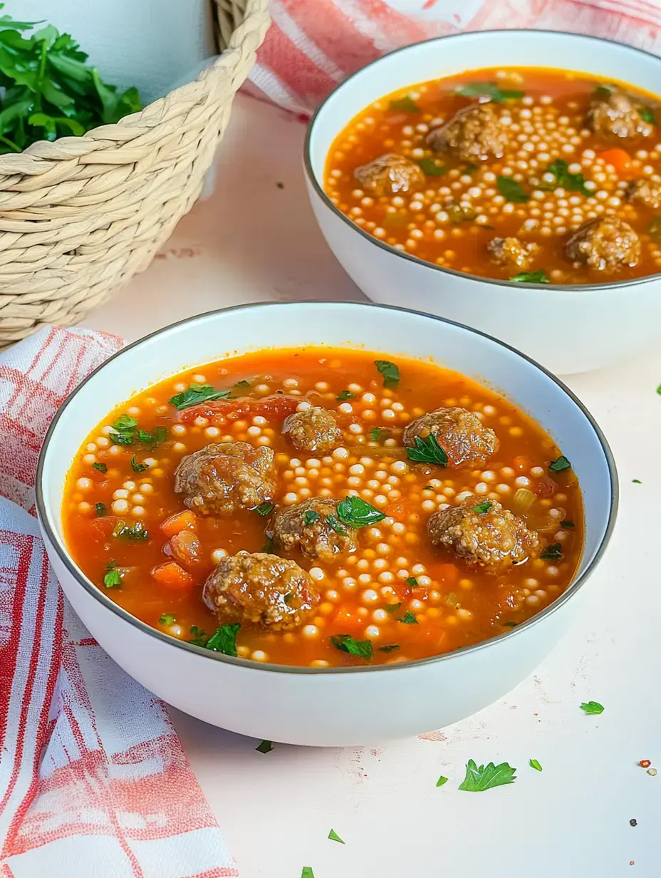 Two bowls of tomato broth with small meatballs and pearl-shaped pasta, topped with fresh herbs.