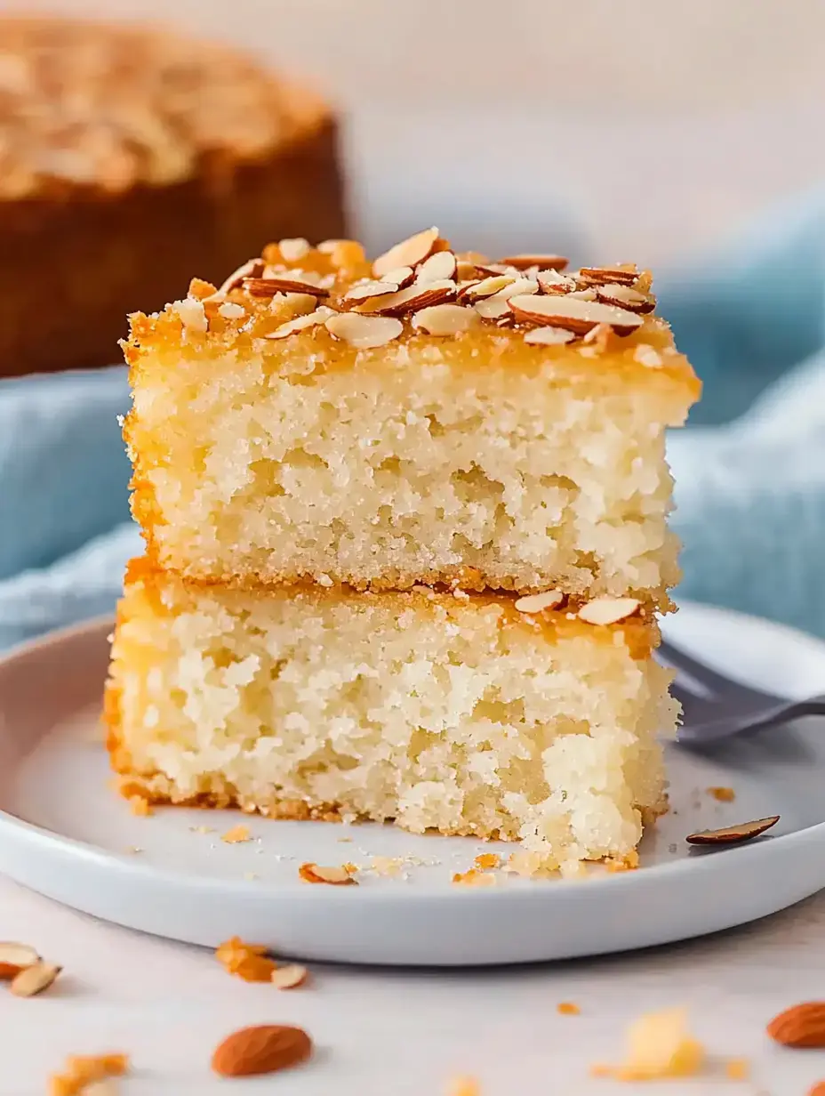 A plate featuring two layers of moist cake topped with toasted almond slices.