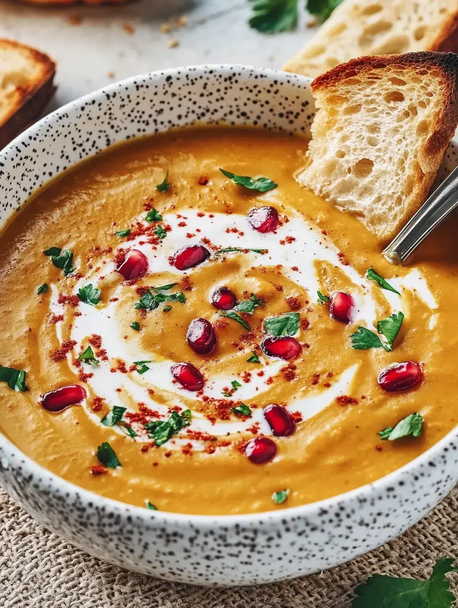 A bowl of smooth pumpkin soup topped with cream, pomegranate seeds, and fresh herbs, with toasted bread on the side.