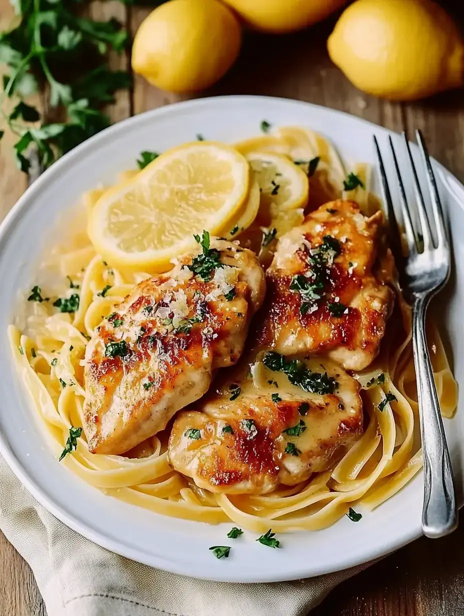 Pan-fried chicken breast set on a bed of spaghetti with lemon slices and fresh herbs for garnish.