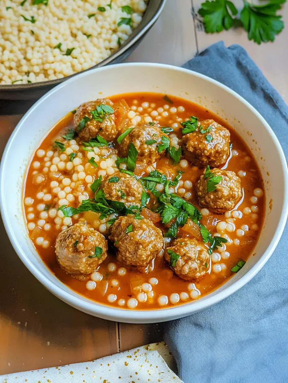 A bowl with meatballs in tomatoey broth, served with little pearl couscous and topped with fresh parsley.