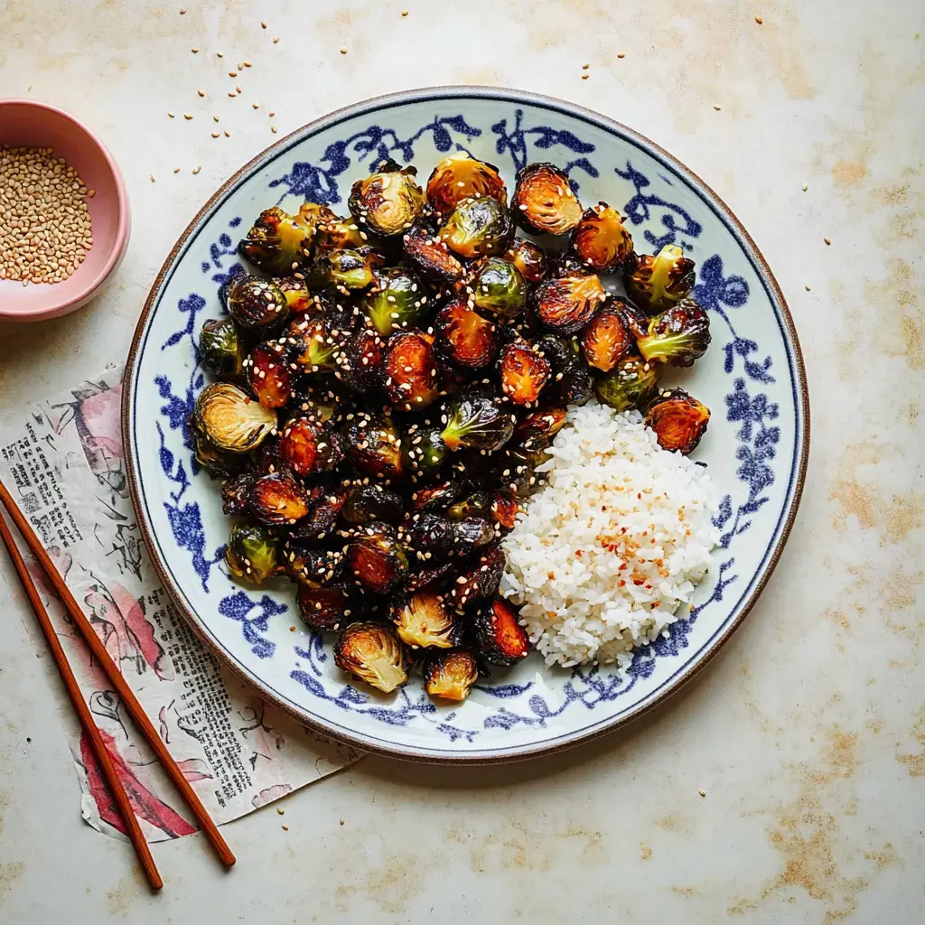 A plate of roasted Brussels sprouts sprinkled with sesame seeds, served with rice on a blue-and-white dish.