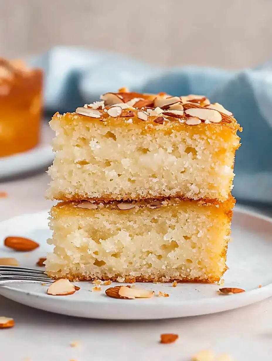 A slice of tender cake with almond slivers on a plate, surrounded by more almond pieces.
