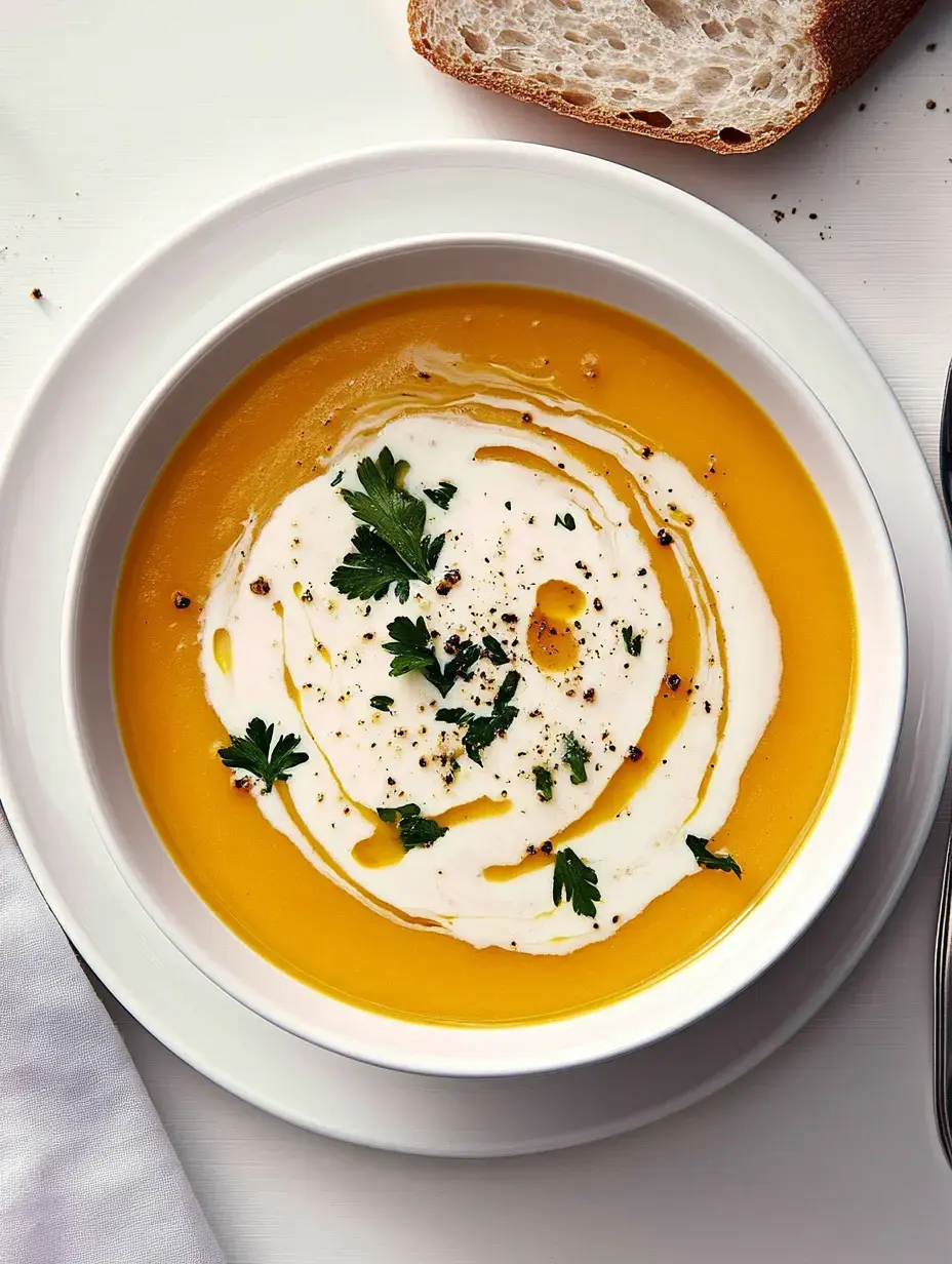 A bowl of pureed pumpkin soup topped with cream and fresh parsley, served with a slice of bread.