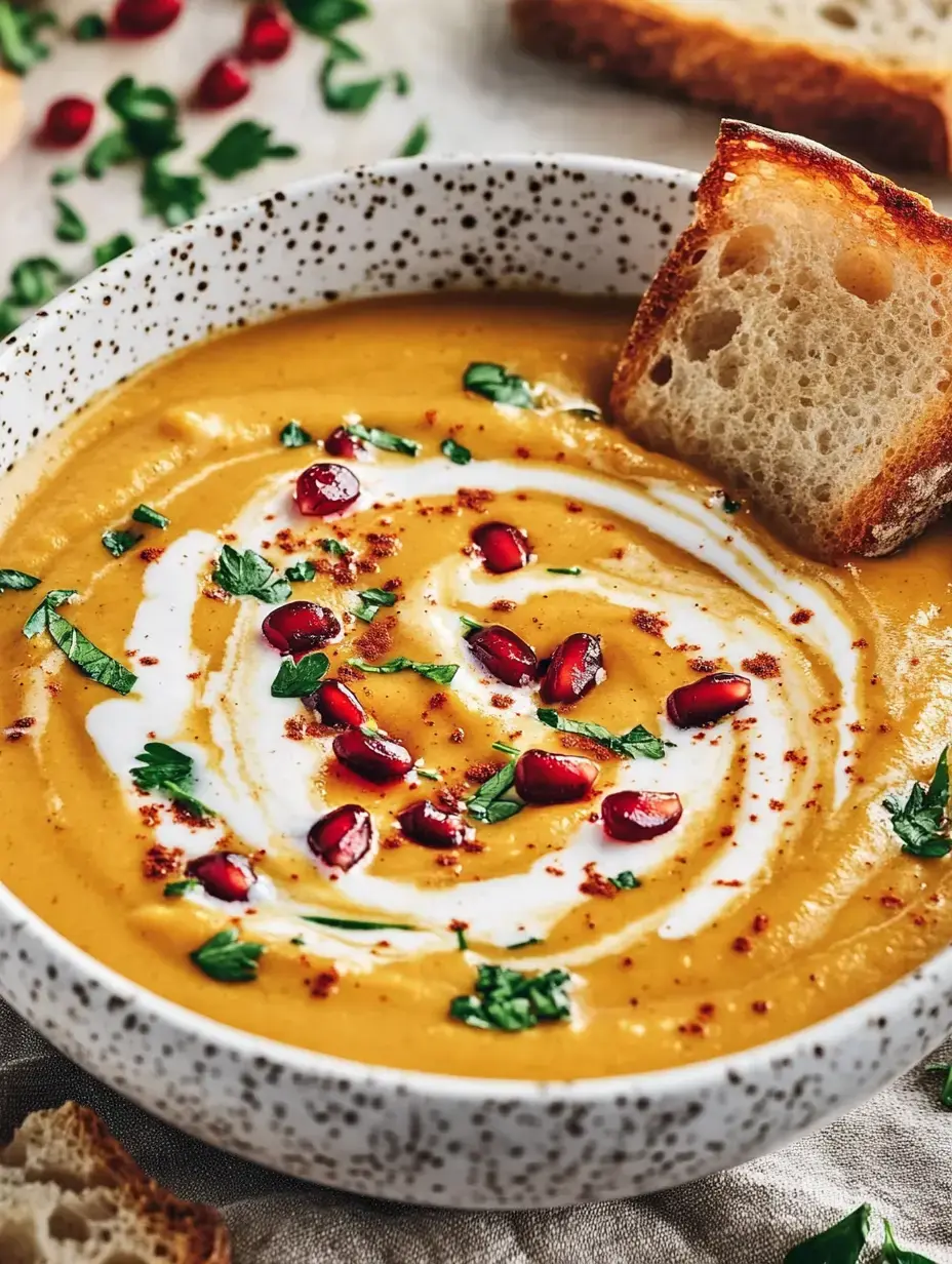 A bowl of creamy soup finished with pomegranate seeds, herbs, and a piece of bread on the side.