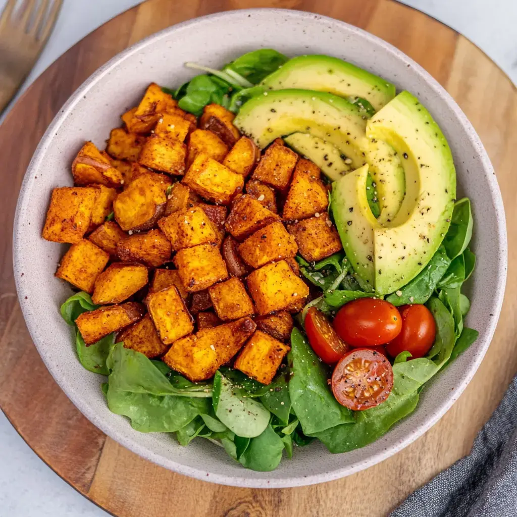 A big bowl of greens with roasted potato cubes, slices of avocado, and cherry tomatoes on top.