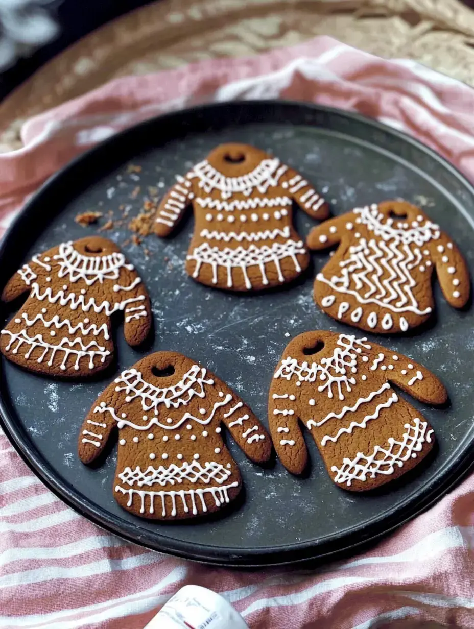 A tray with four sweater-shaped gingerbread cookies, all decked out in white icing designs.