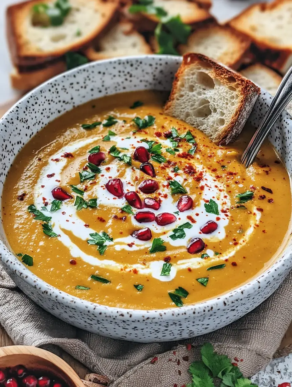 A bowl of creamy, orange soup topped with cilantro, pomegranate seeds, and a swirl of cream, plus toasted bread on the side.