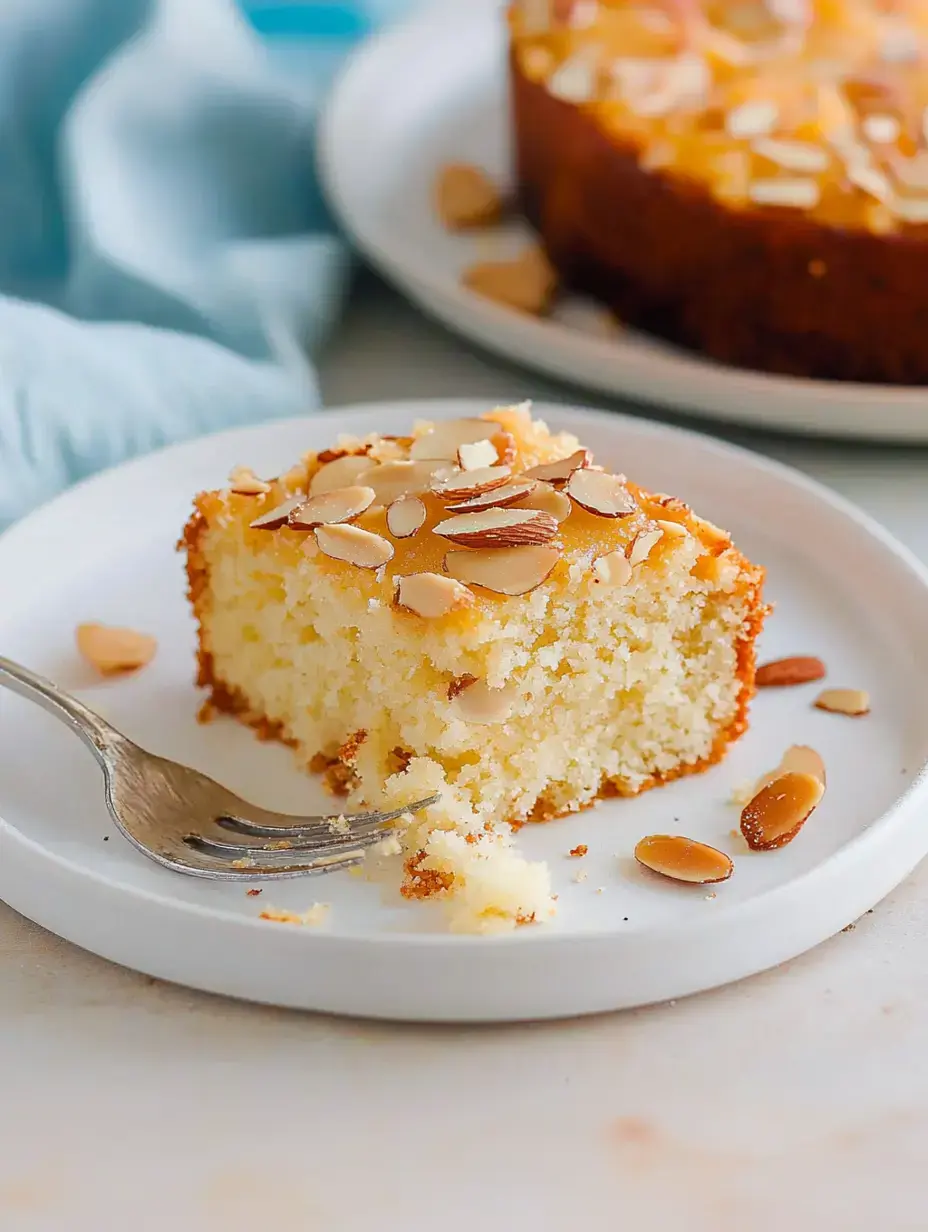 A piece of almond cake on a white plate garnished with almond slices and a fork beside it.