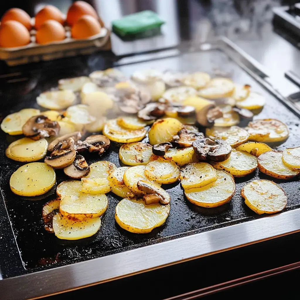 The photo shows potatoes and mushrooms sizzling on a hot iron grill, with a carton of eggs off to the side.