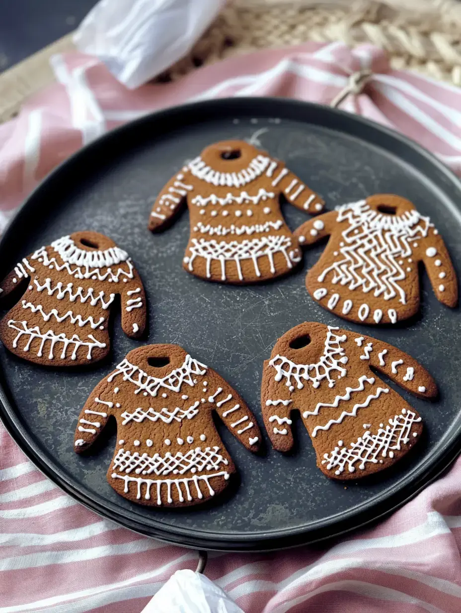 A plate showing four spiced cookie ornaments shaped like sweaters with white icing details.