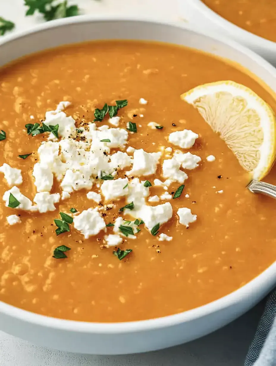 A bowl of creamy orange soup, topped with white cheese mousse, fresh cilantro, and a slice of lemon.