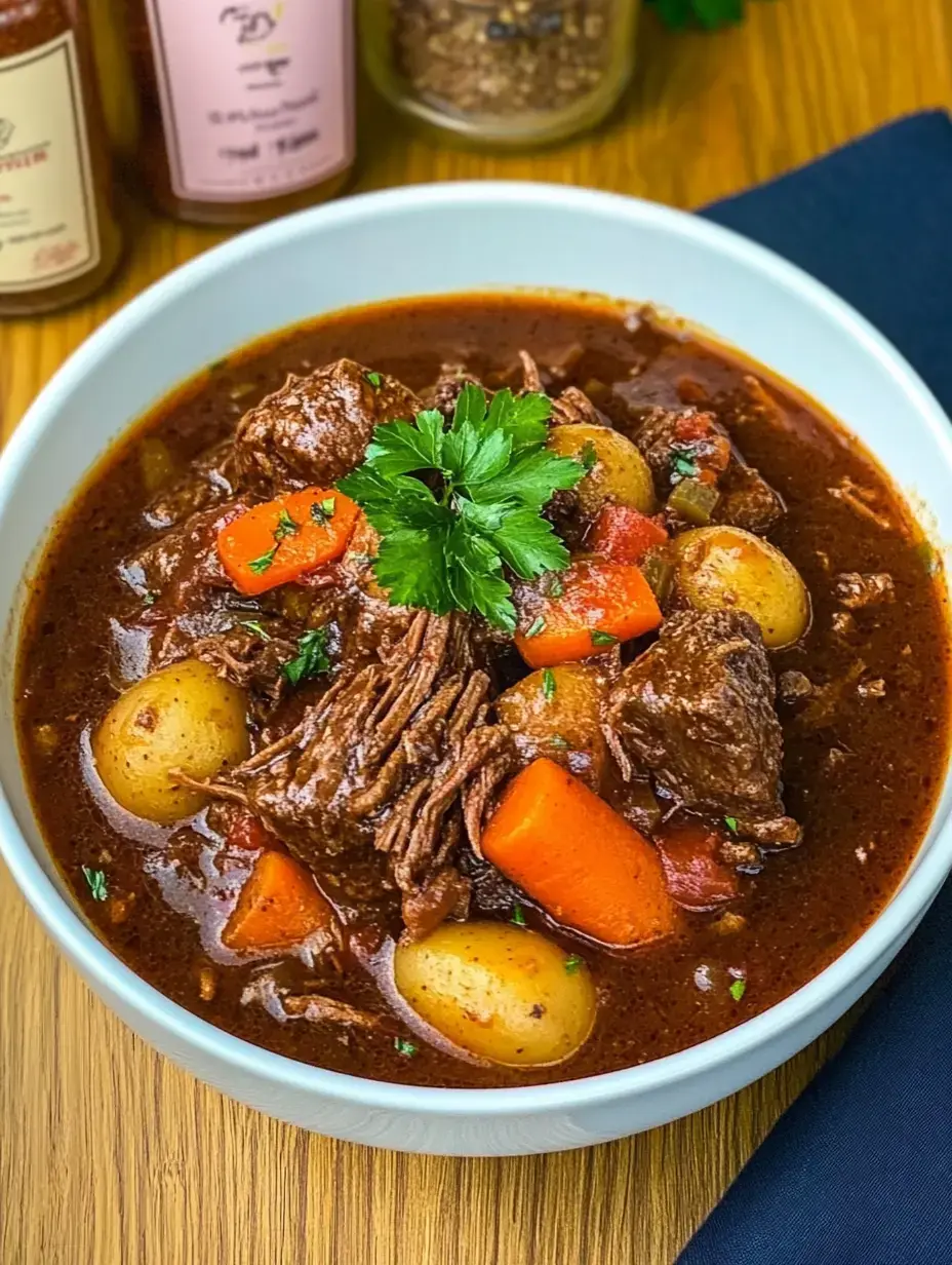 A plate of hearty beef stew topped with fresh parsley, containing potatoes, carrots and other veggies in a rich broth.