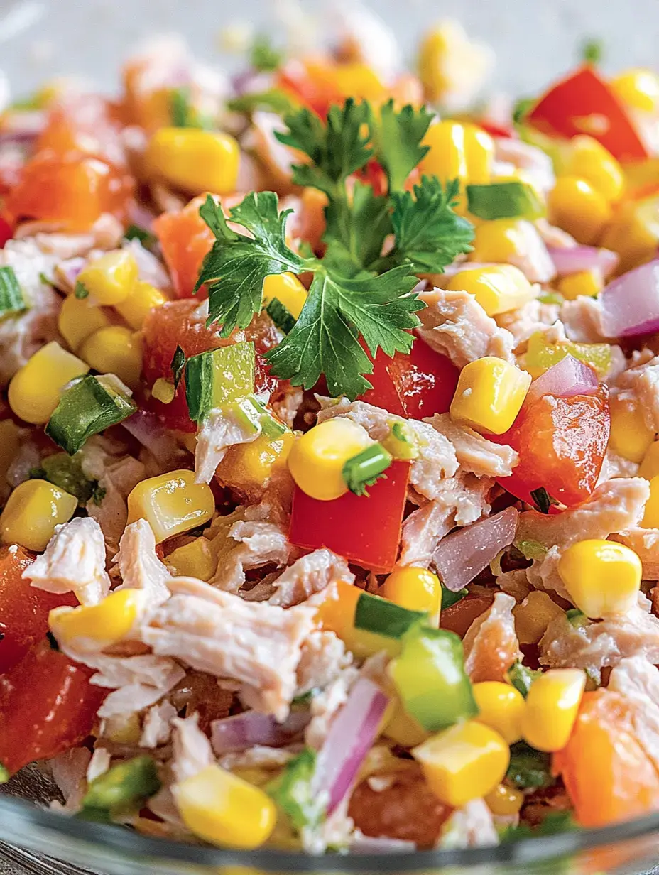 A colorful mix of chicken, corn, tomatoes, peppers and onions, topped with fresh cilantro.