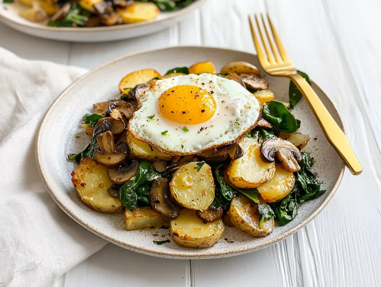 A plate filled with golden potatoes, spinach, and mushrooms with a sunny-side-up egg on top.