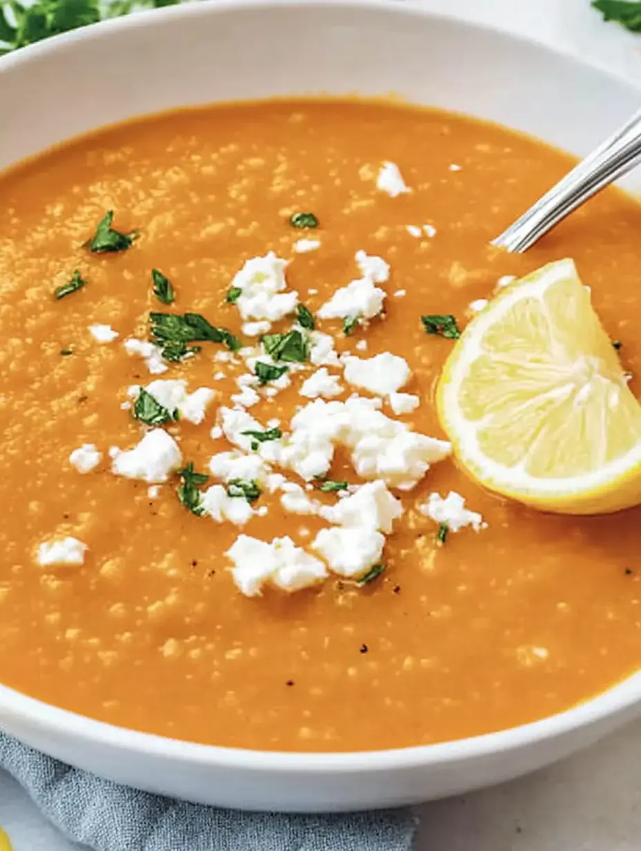 A bowl of creamy orange soup, topped with fresh herbs, crumbled white cheese, and a lemon slice.