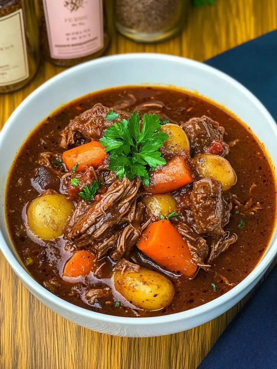 A bowl of beef stew with potatoes, carrots and parsley, served in a white dish.